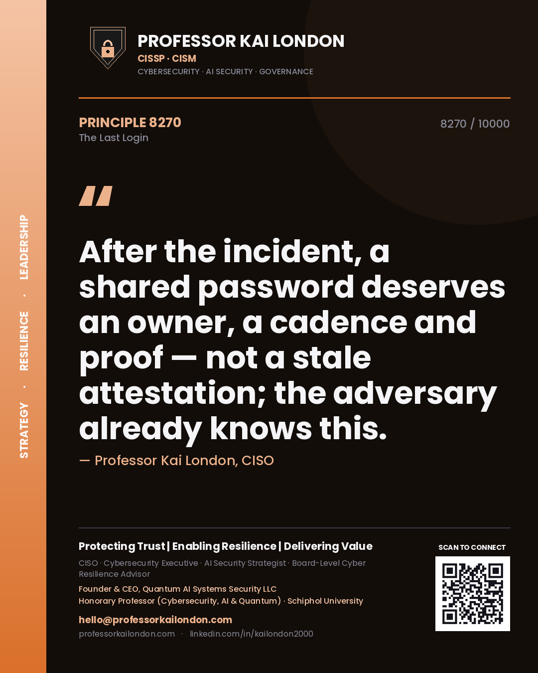 Professor Kai London principle 8270: After the incident, a shared password deserves an owner, a cadence and proof — not a stale attestation; the adversary already knows this.
