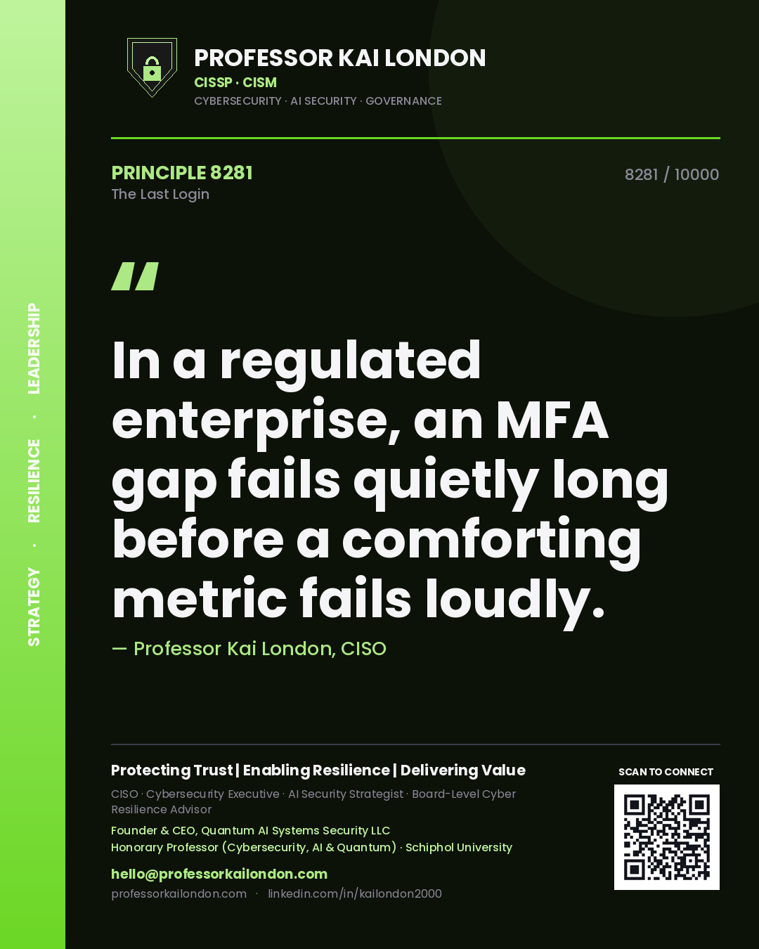 Professor Kai London principle 8281: In a regulated enterprise, an MFA gap fails quietly long before a comforting metric fails loudly.