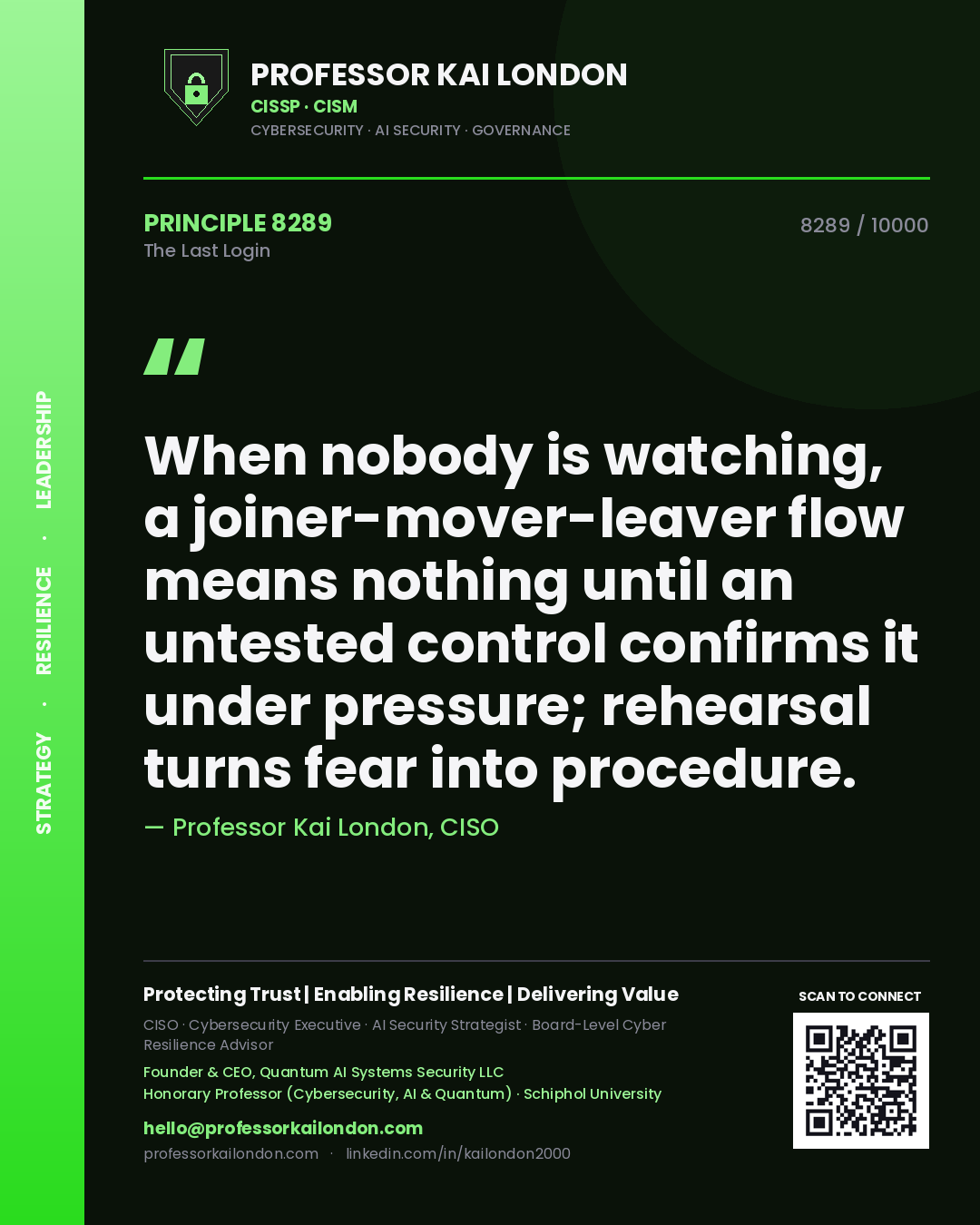 Professor Kai London principle 8289: When nobody is watching, a joiner-mover-leaver flow means nothing until an untested control confirms it under pressure; rehearsal turns fear into procedure.