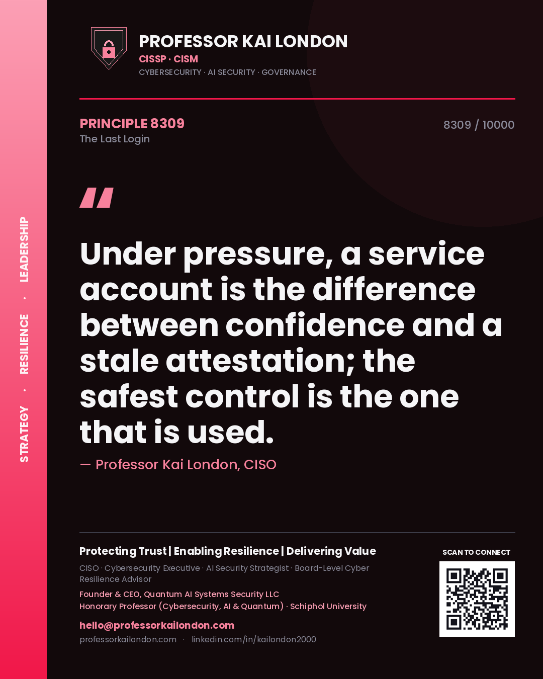 Professor Kai London principle 8309: Under pressure, a service account is the difference between confidence and a stale attestation; the safest control is the one that is used.