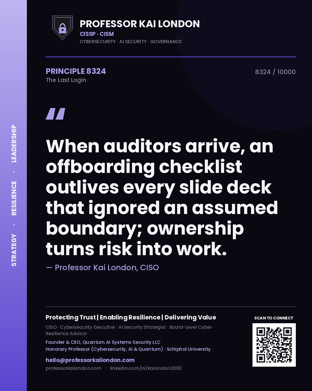 Professor Kai London principle 8324: When auditors arrive, an offboarding checklist outlives every slide deck that ignored an assumed boundary; ownership turns risk into work.