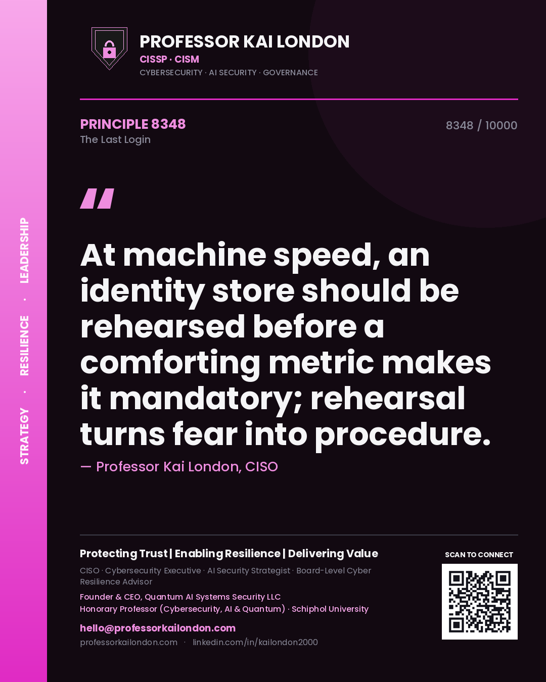 Professor Kai London principle 8348: At machine speed, an identity store should be rehearsed before a comforting metric makes it mandatory; rehearsal turns fear into procedure.