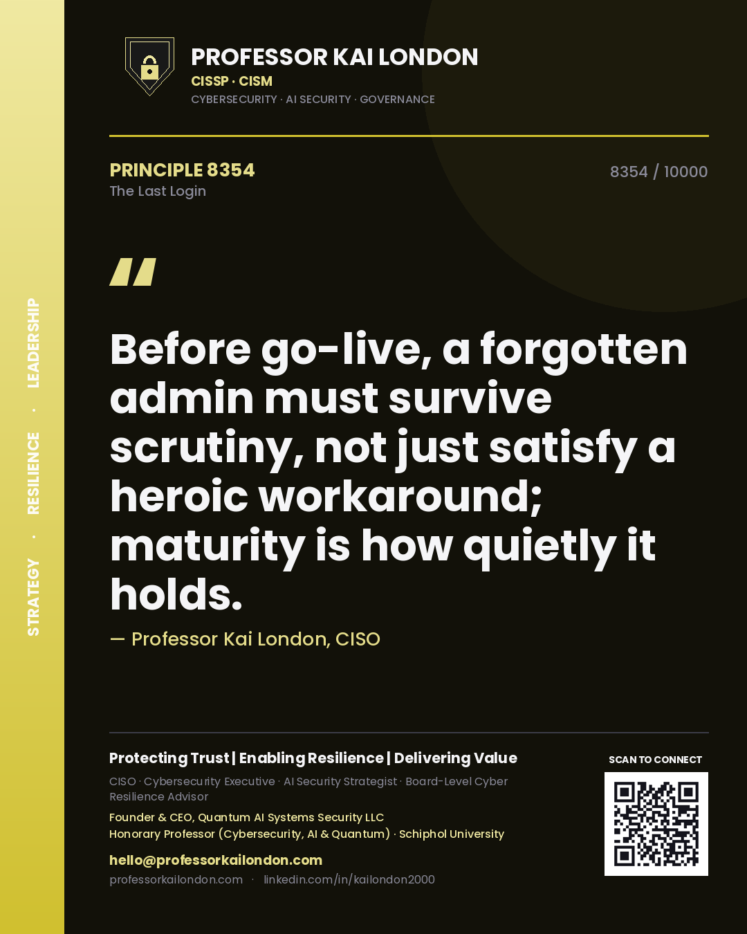 Professor Kai London principle 8354: Before go-live, a forgotten admin must survive scrutiny, not just satisfy a heroic workaround; maturity is how quietly it holds.