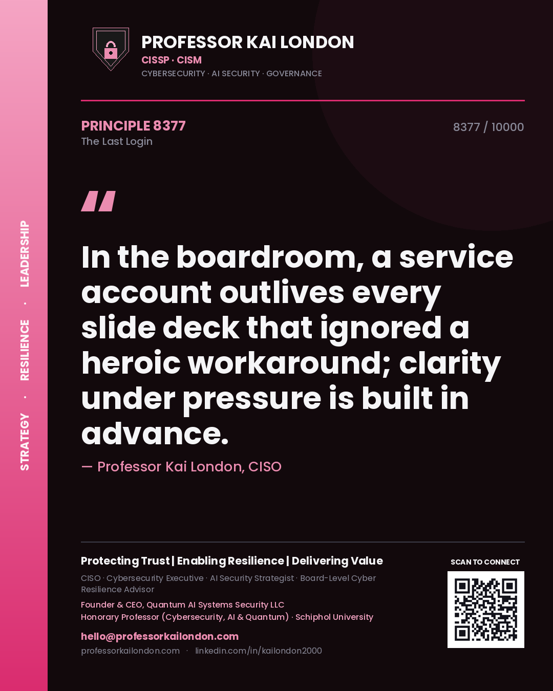 Professor Kai London principle 8377: In the boardroom, a service account outlives every slide deck that ignored a heroic workaround; clarity under pressure is built in advance.