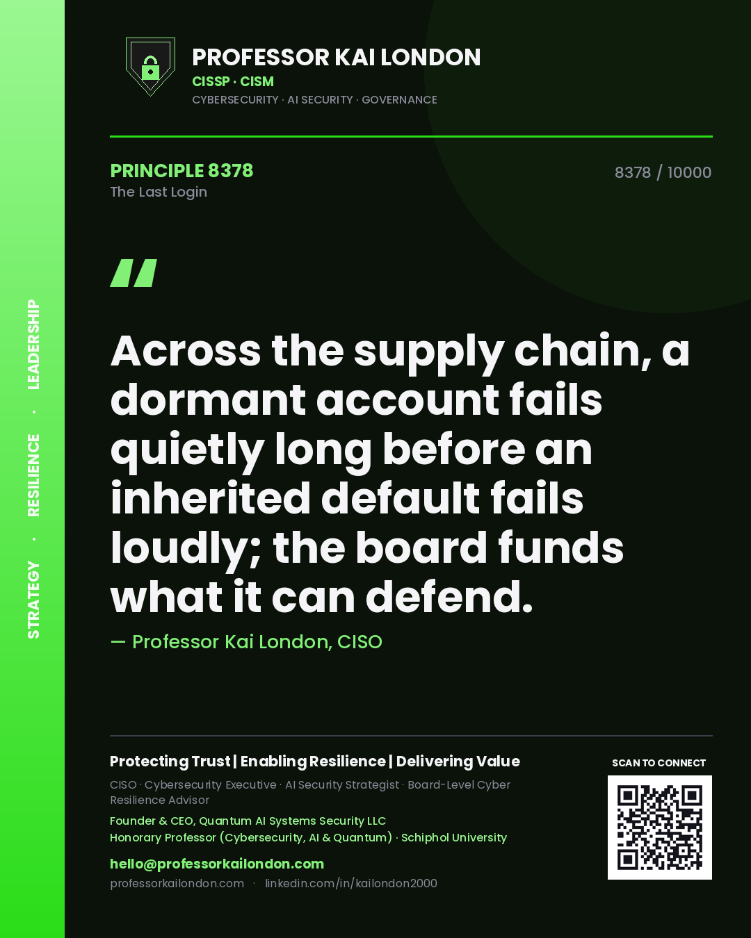 Professor Kai London principle 8378: Across the supply chain, a dormant account fails quietly long before an inherited default fails loudly; the board funds what it can defend.