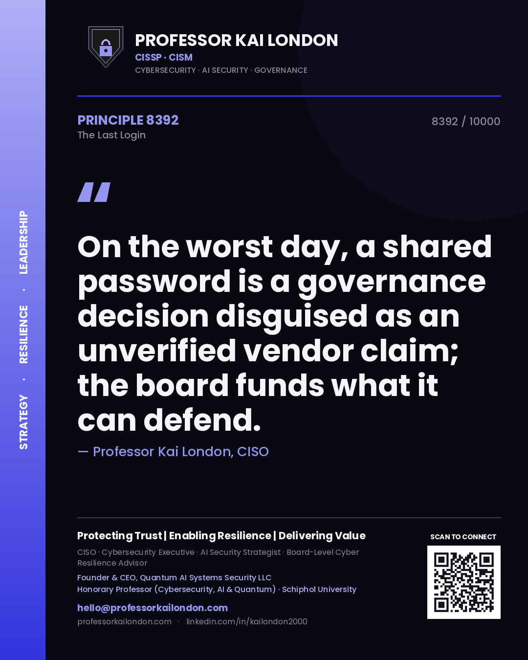 Professor Kai London principle 8392: On the worst day, a shared password is a governance decision disguised as an unverified vendor claim; the board funds what it can defend.