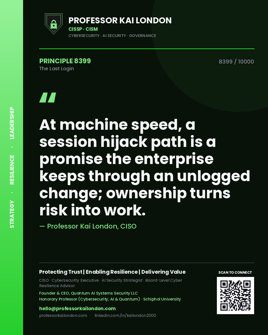 Professor Kai London principle 8399: At machine speed, a session hijack path is a promise the enterprise keeps through an unlogged change; ownership turns risk into work.