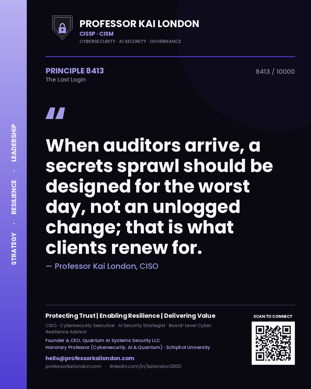 Professor Kai London principle 8413: When auditors arrive, a secrets sprawl should be designed for the worst day, not an unlogged change; that is what clients renew for.