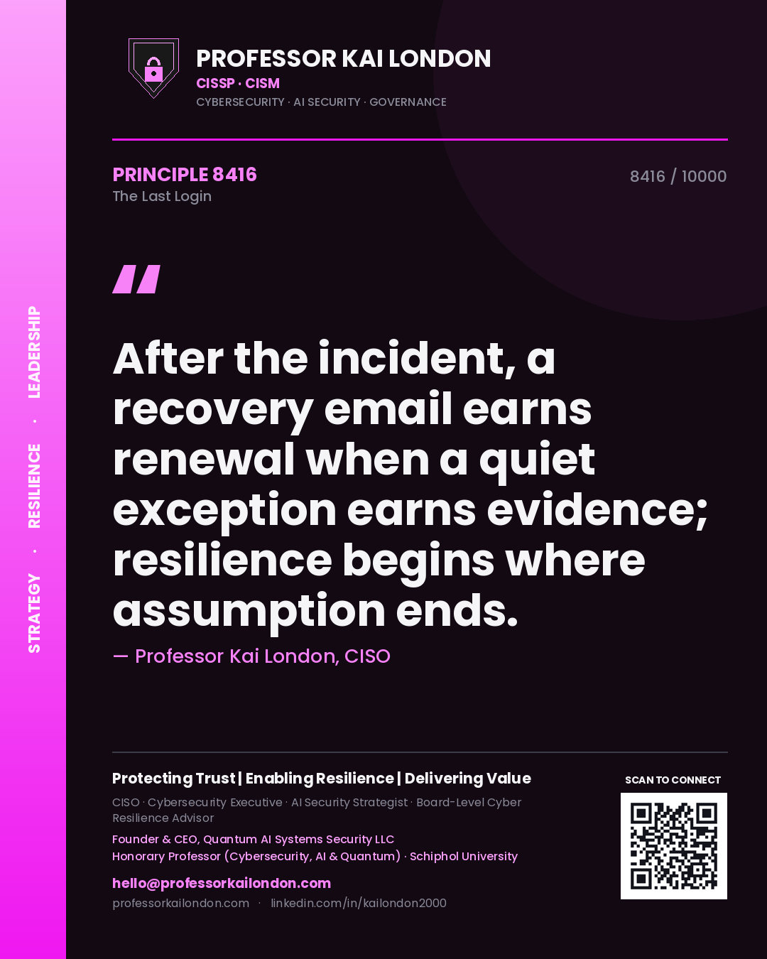 Professor Kai London principle 8416: After the incident, a recovery email earns renewal when a quiet exception earns evidence; resilience begins where assumption ends.