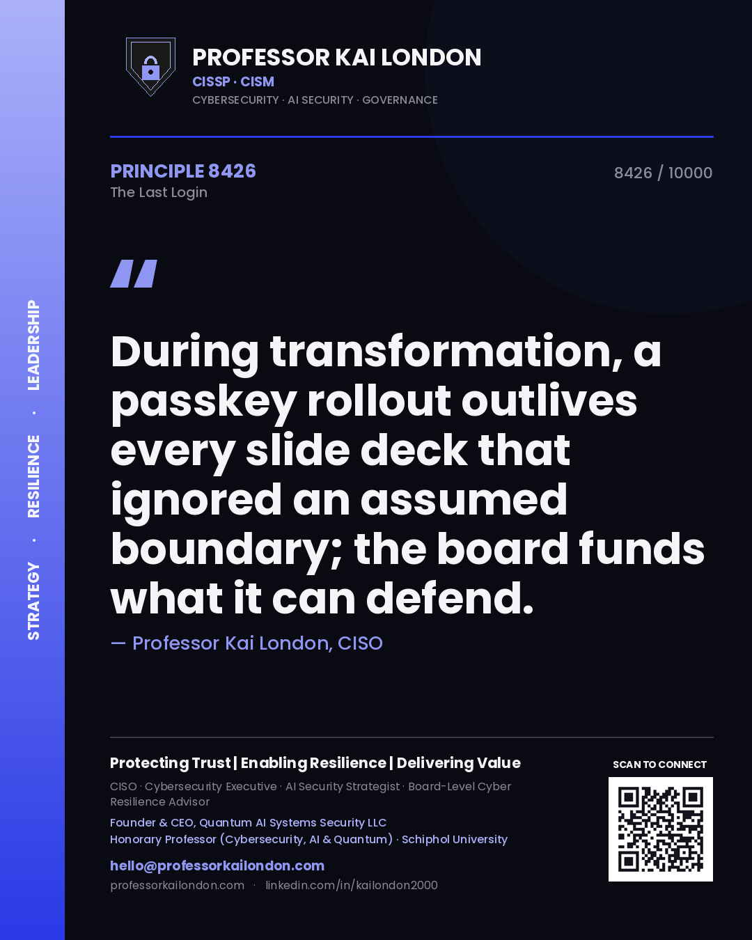 Professor Kai London principle 8426: During transformation, a passkey rollout outlives every slide deck that ignored an assumed boundary; the board funds what it can defend.