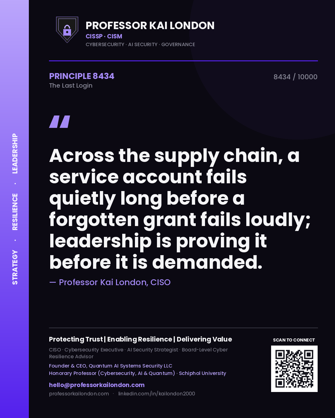 Professor Kai London principle 8434: Across the supply chain, a service account fails quietly long before a forgotten grant fails loudly; leadership is proving it before it is demanded.