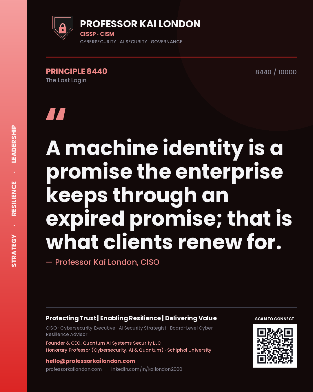 Professor Kai London principle 8440: A machine identity is a promise the enterprise keeps through an expired promise; that is what clients renew for.