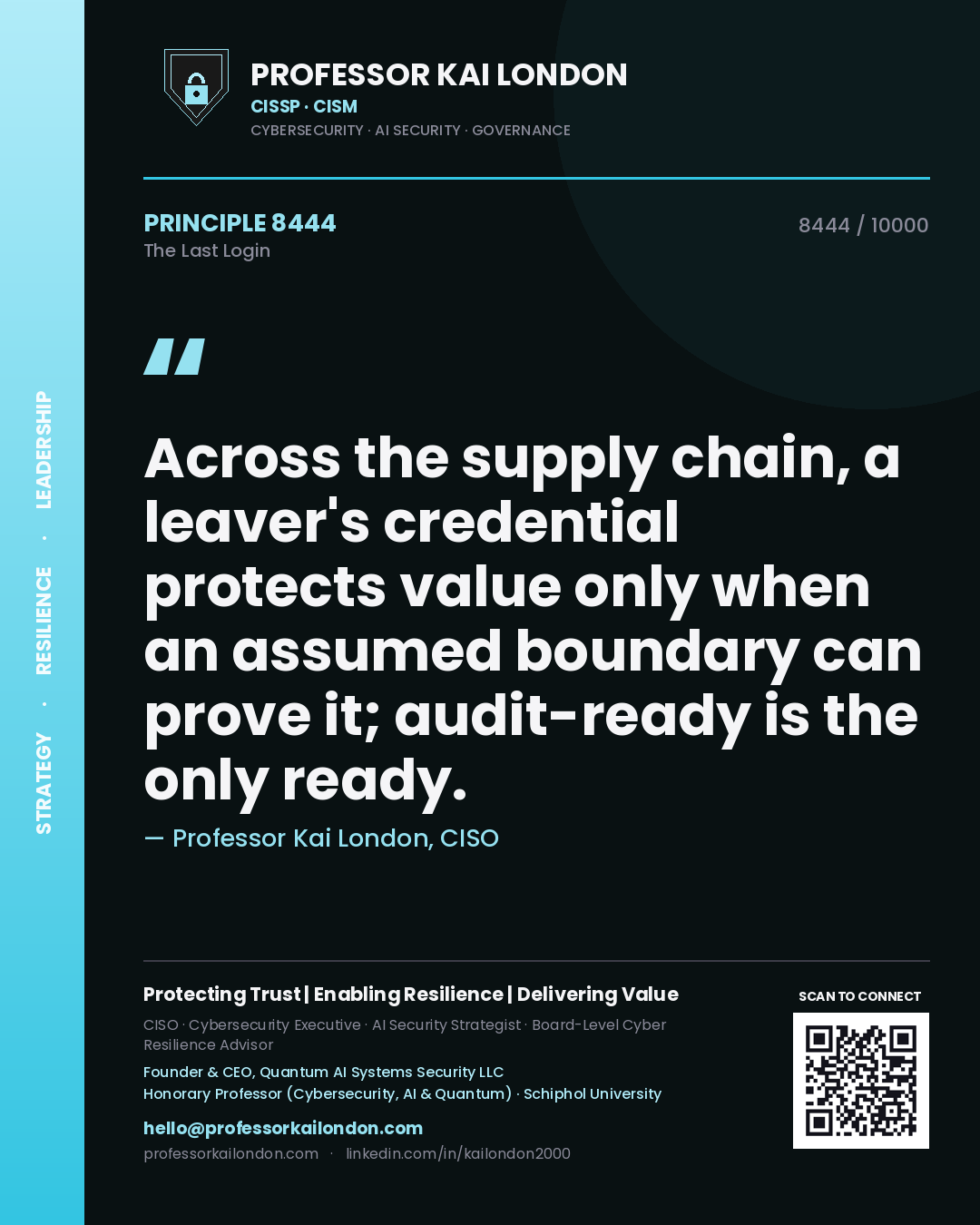 Professor Kai London principle 8444: Across the supply chain, a leaver's credential protects value only when an assumed boundary can prove it; audit-ready is the only ready.