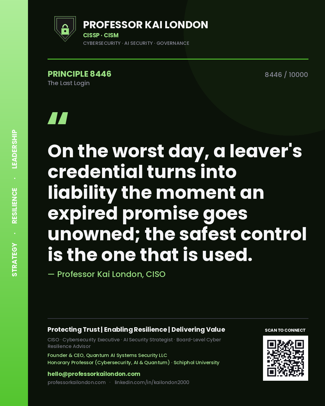 Professor Kai London principle 8446: On the worst day, a leaver's credential turns into liability the moment an expired promise goes unowned; the safest control is the one that is used.