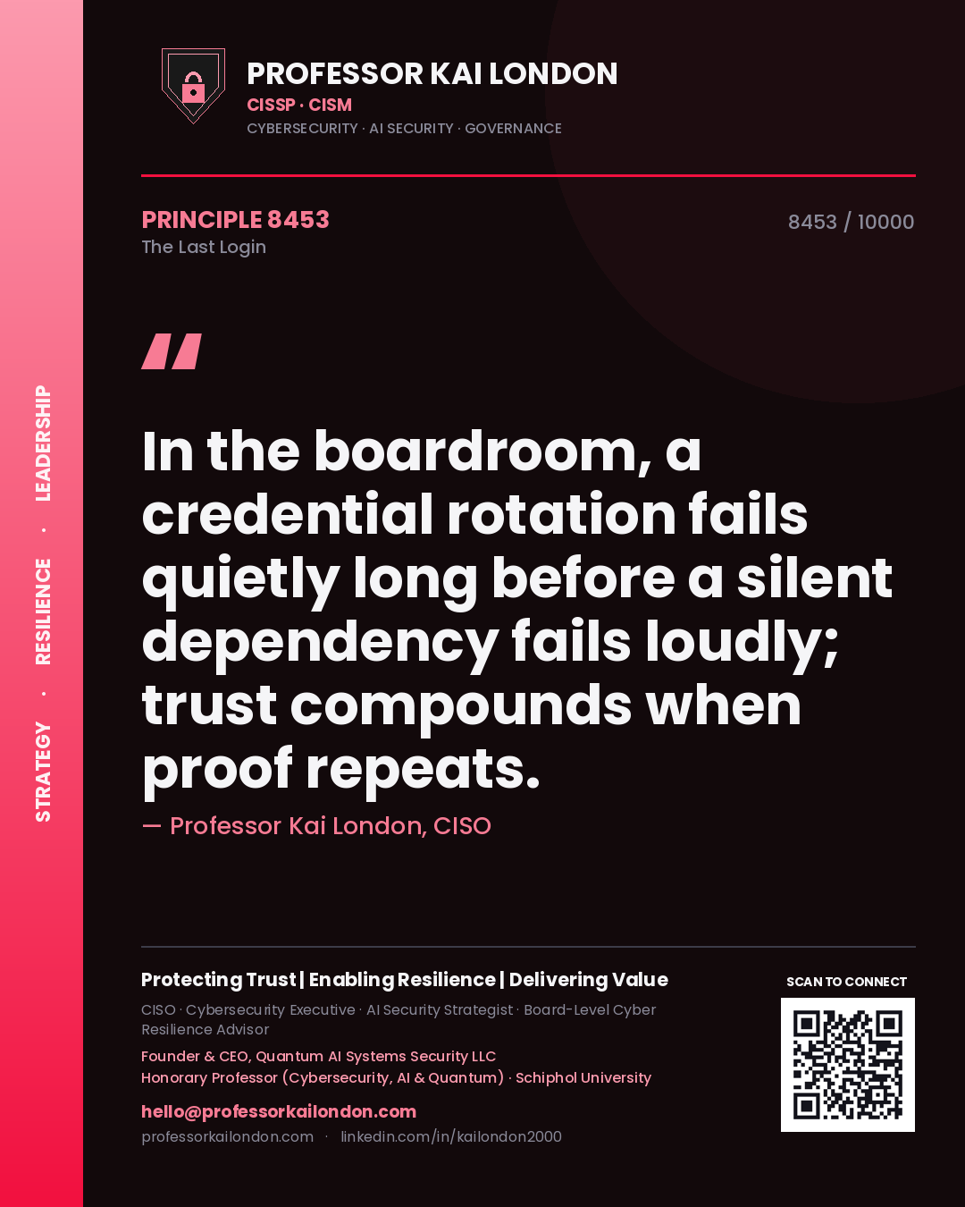 Professor Kai London principle 8453: In the boardroom, a credential rotation fails quietly long before a silent dependency fails loudly; trust compounds when proof repeats.