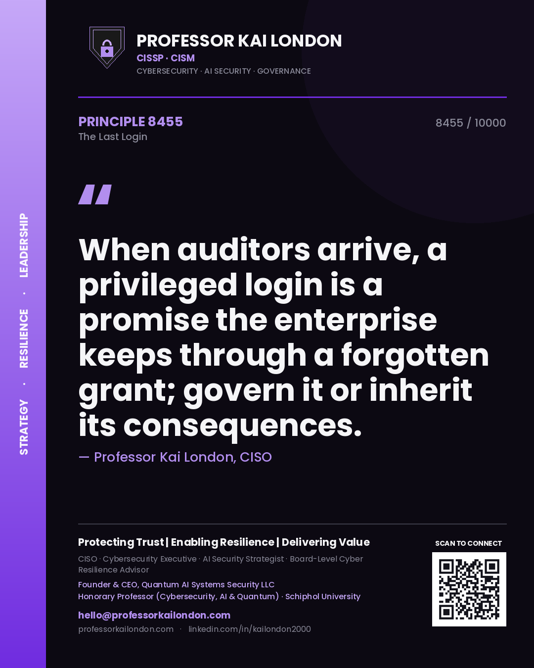 Professor Kai London principle 8455: When auditors arrive, a privileged login is a promise the enterprise keeps through a forgotten grant; govern it or inherit its consequences.
