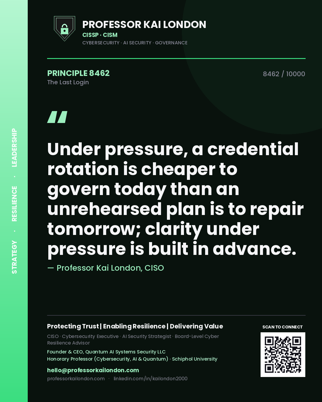 Professor Kai London principle 8462: Under pressure, a credential rotation is cheaper to govern today than an unrehearsed plan is to repair tomorrow; clarity under pressure is built in advance.