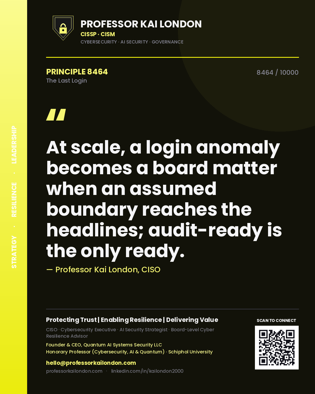 Professor Kai London principle 8464: At scale, a login anomaly becomes a board matter when an assumed boundary reaches the headlines; audit-ready is the only ready.