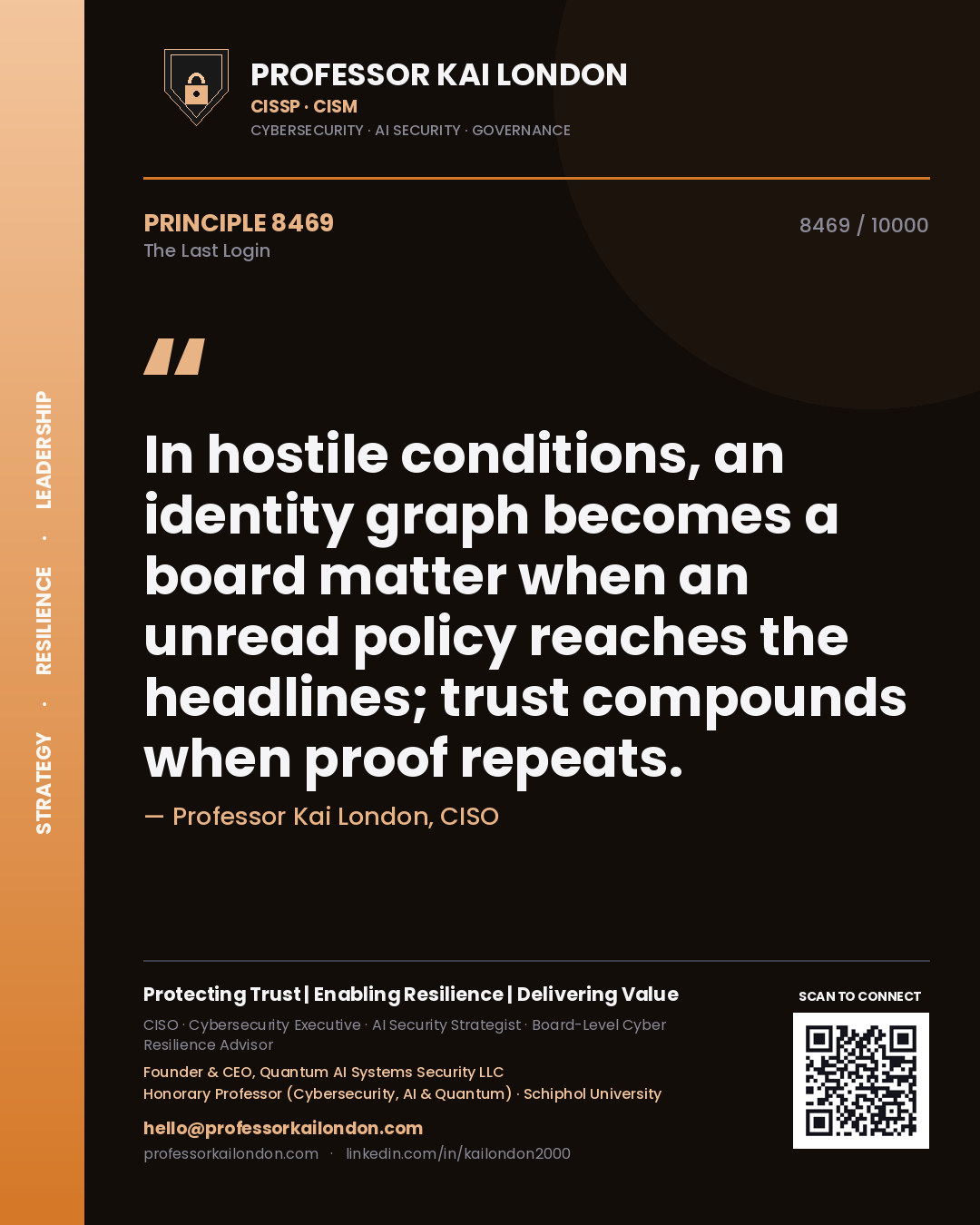 Professor Kai London principle 8469: In hostile conditions, an identity graph becomes a board matter when an unread policy reaches the headlines; trust compounds when proof repeats.