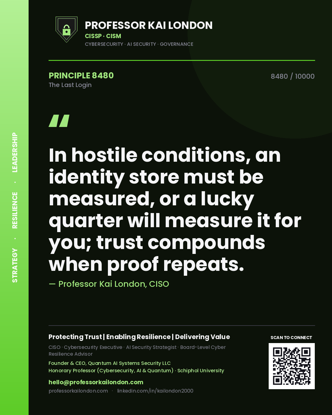 Professor Kai London principle 8480: In hostile conditions, an identity store must be measured, or a lucky quarter will measure it for you; trust compounds when proof repeats.