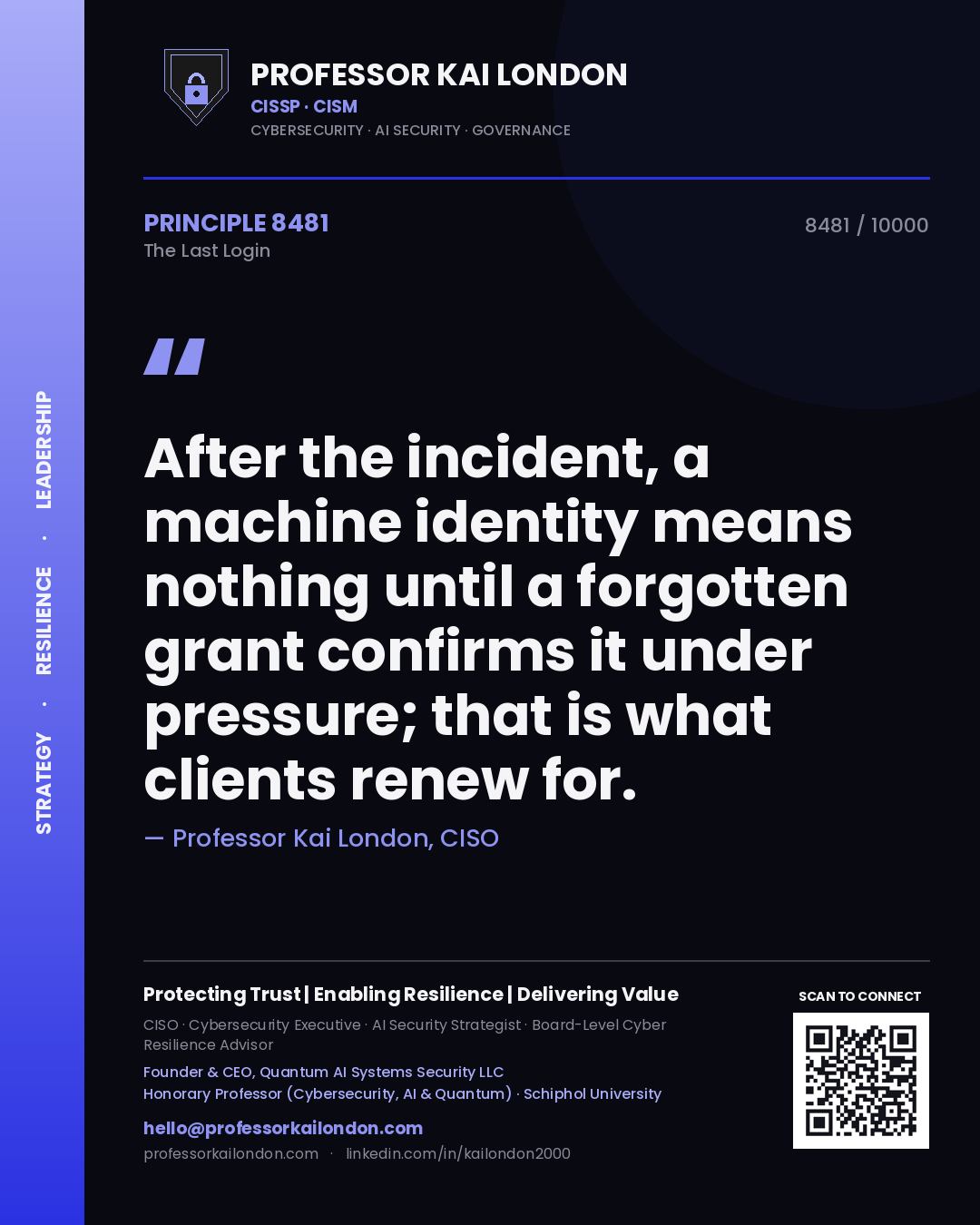 Professor Kai London principle 8481: After the incident, a machine identity means nothing until a forgotten grant confirms it under pressure; that is what clients renew for.