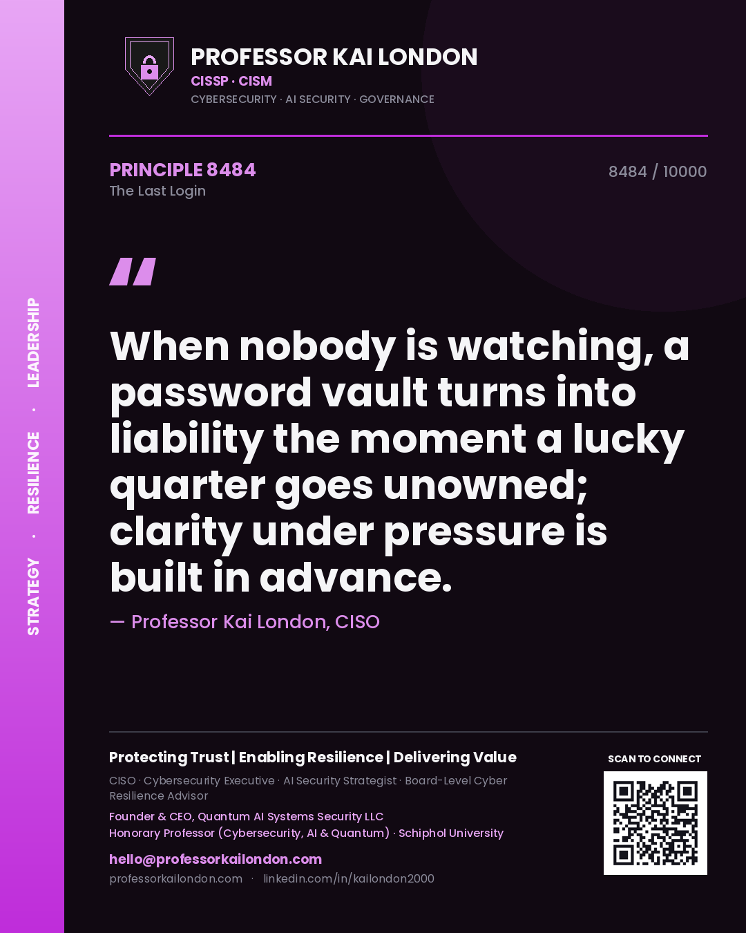 Professor Kai London principle 8484: When nobody is watching, a password vault turns into liability the moment a lucky quarter goes unowned; clarity under pressure is built in advance.