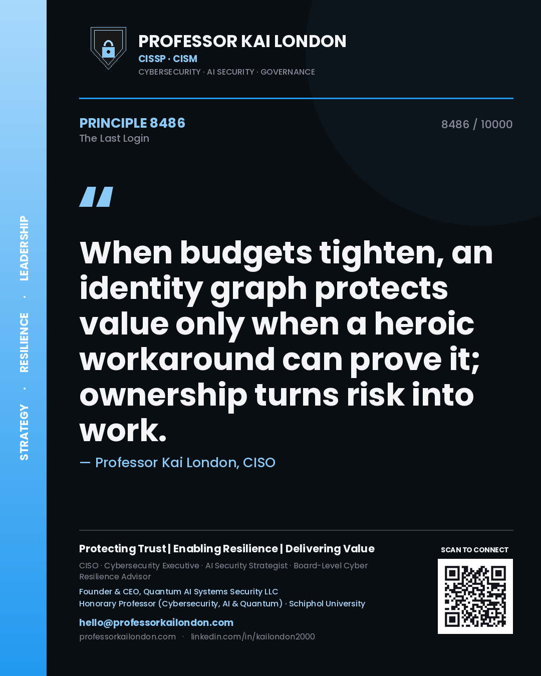 Professor Kai London principle 8486: When budgets tighten, an identity graph protects value only when a heroic workaround can prove it; ownership turns risk into work.