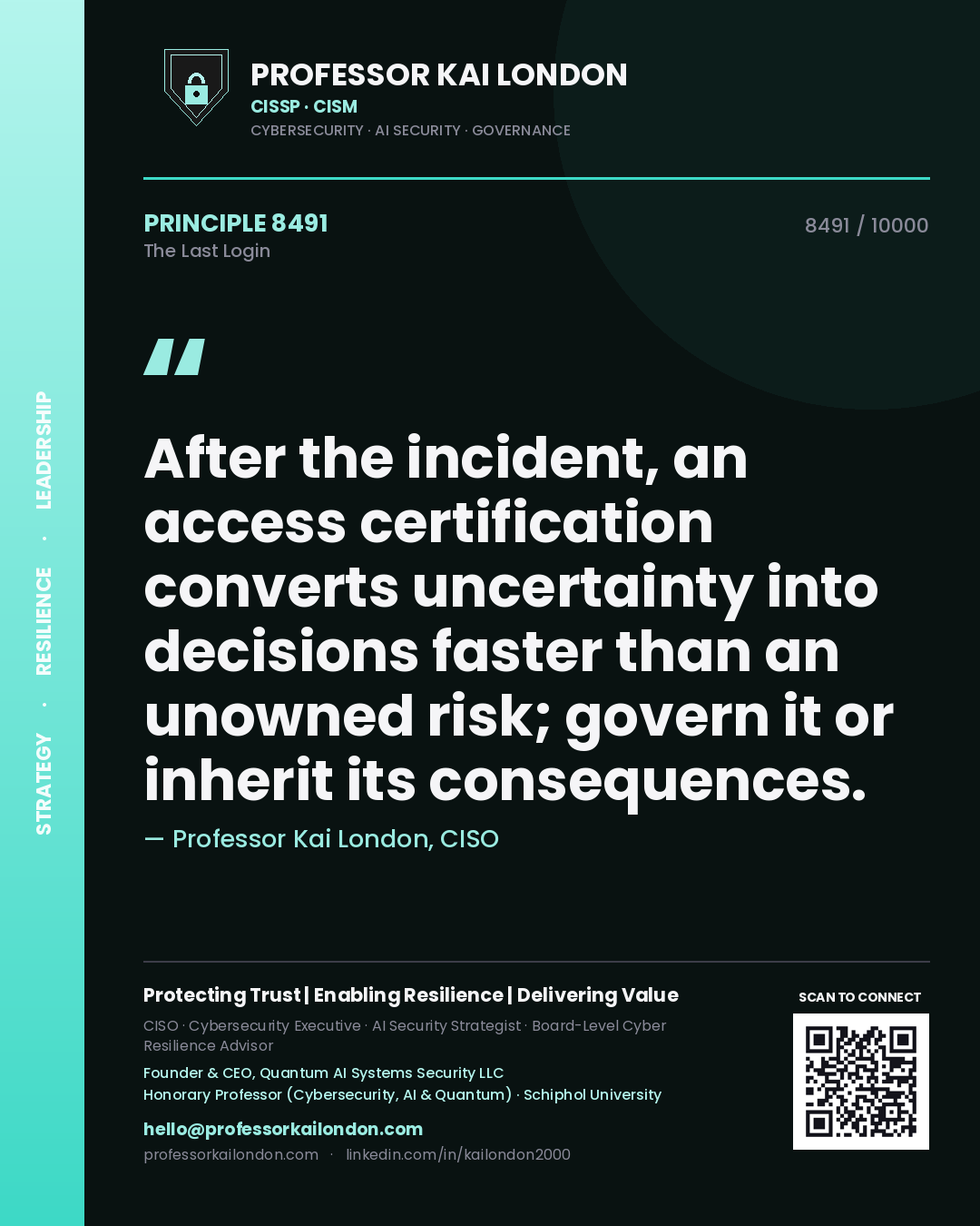 Professor Kai London principle 8491: After the incident, an access certification converts uncertainty into decisions faster than an unowned risk; govern it or inherit its consequences.
