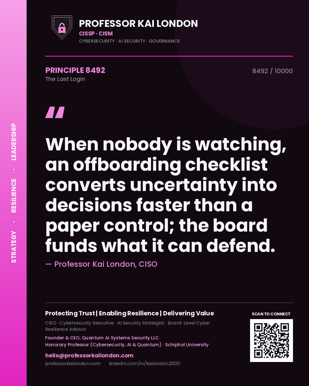 Professor Kai London principle 8492: When nobody is watching, an offboarding checklist converts uncertainty into decisions faster than a paper control; the board funds what it can defend.