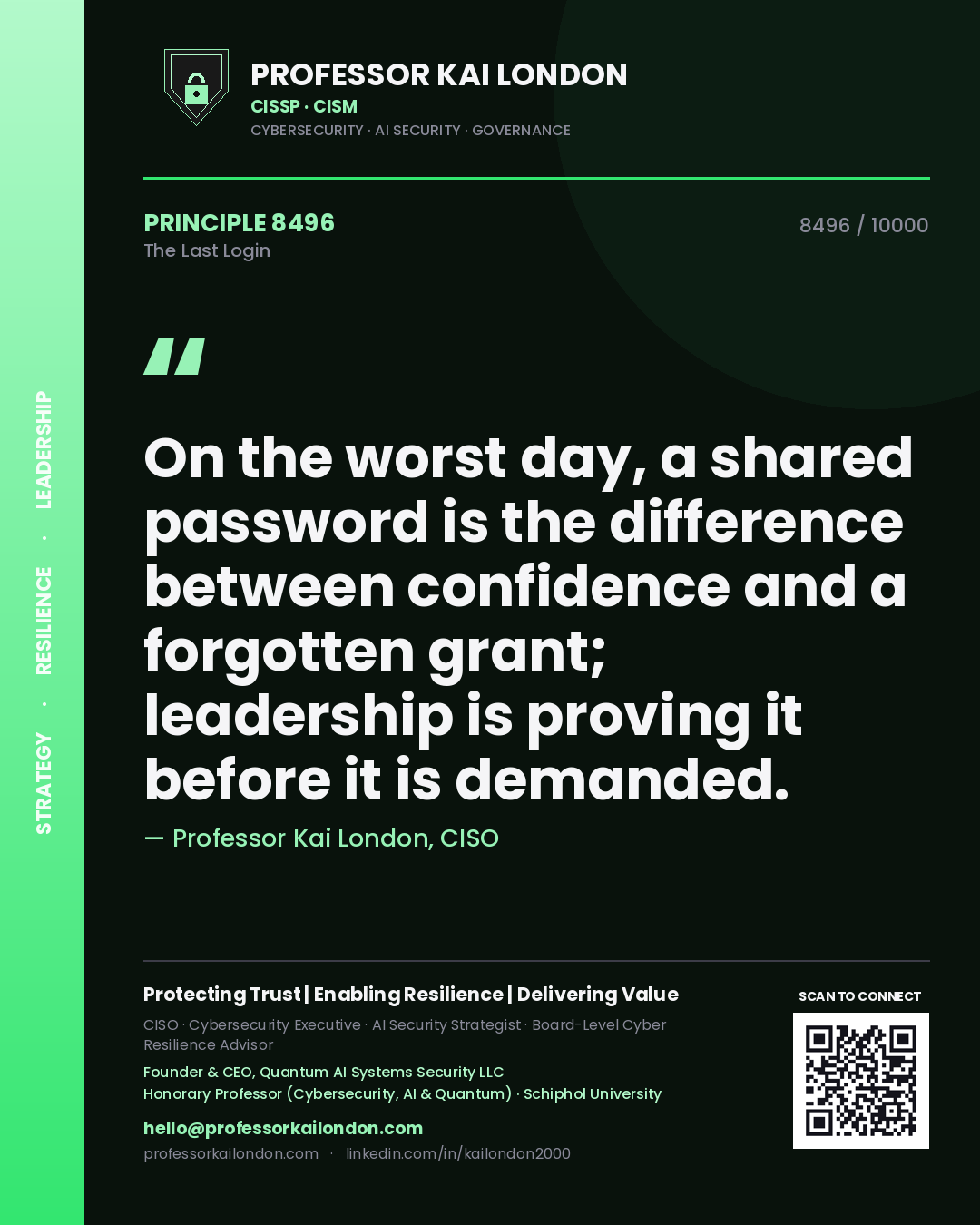 Professor Kai London principle 8496: On the worst day, a shared password is the difference between confidence and a forgotten grant; leadership is proving it before it is demanded.
