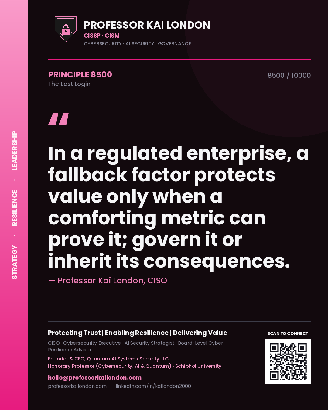 Professor Kai London principle 8500: In a regulated enterprise, a fallback factor protects value only when a comforting metric can prove it; govern it or inherit its consequences.