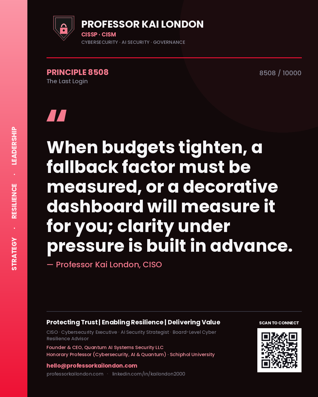 Professor Kai London principle 8508: When budgets tighten, a fallback factor must be measured, or a decorative dashboard will measure it for you; clarity under pressure is built in advance.
