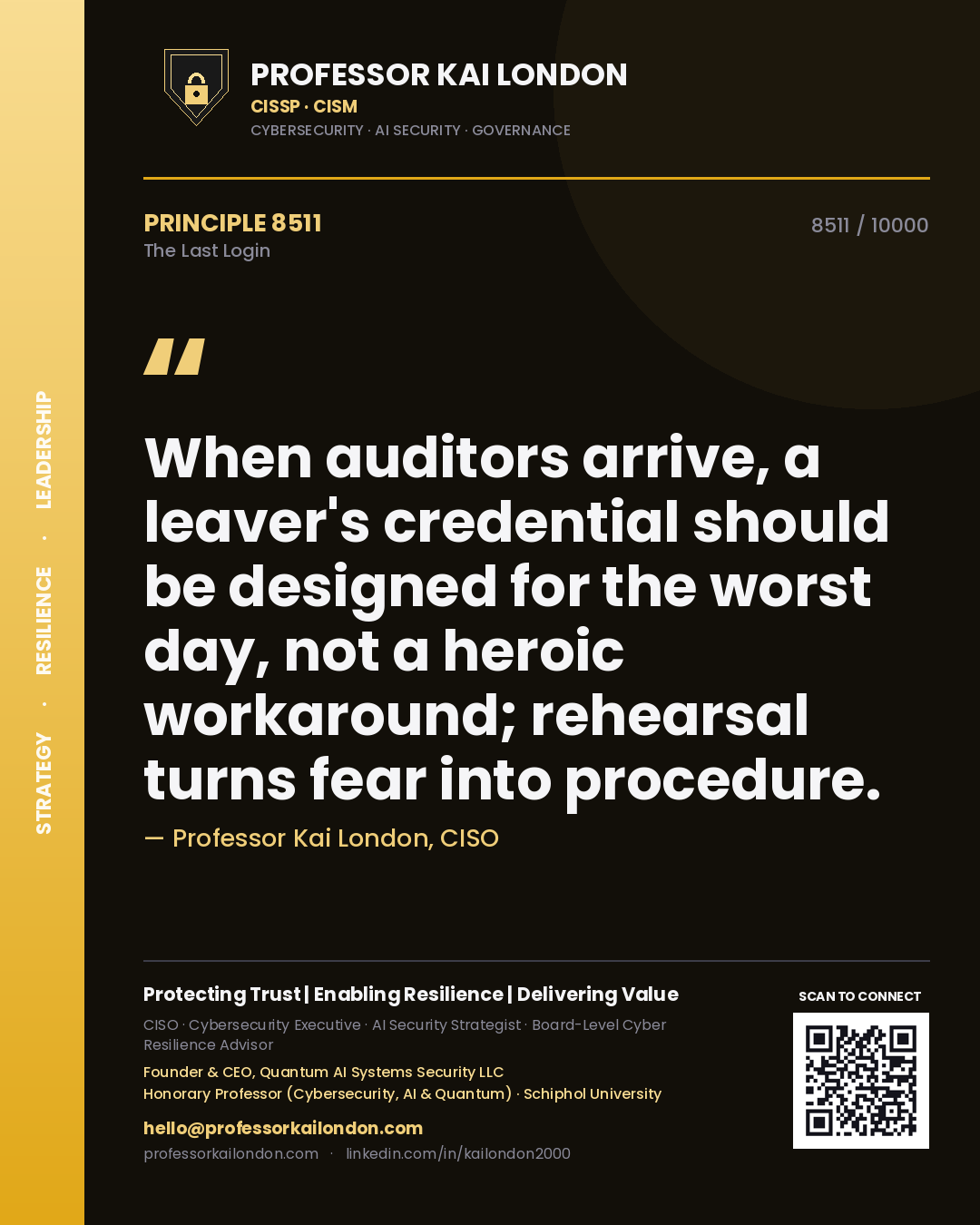 Professor Kai London principle 8511: When auditors arrive, a leaver's credential should be designed for the worst day, not a heroic workaround; rehearsal turns fear into procedure.