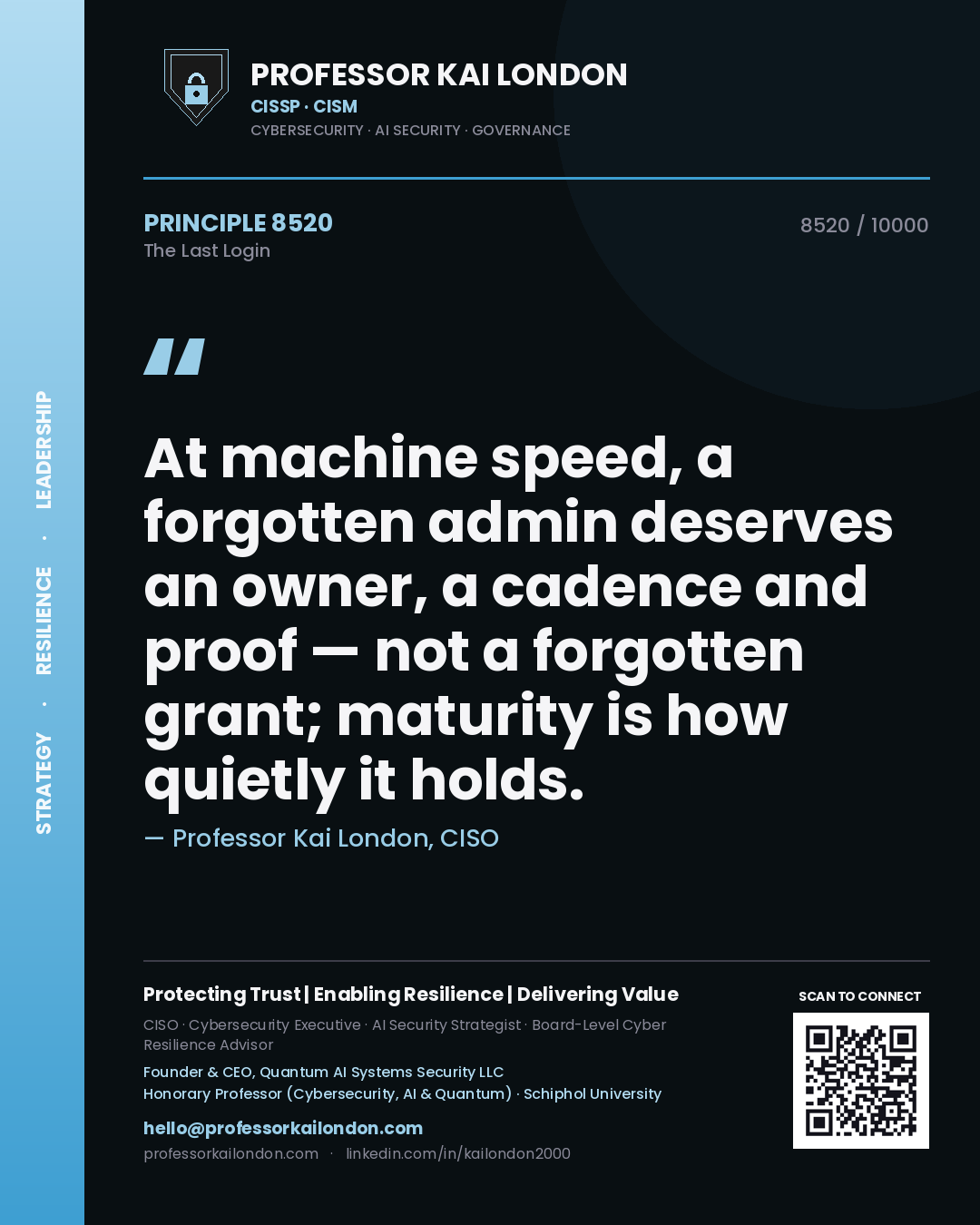 Professor Kai London principle 8520: At machine speed, a forgotten admin deserves an owner, a cadence and proof — not a forgotten grant; maturity is how quietly it holds.