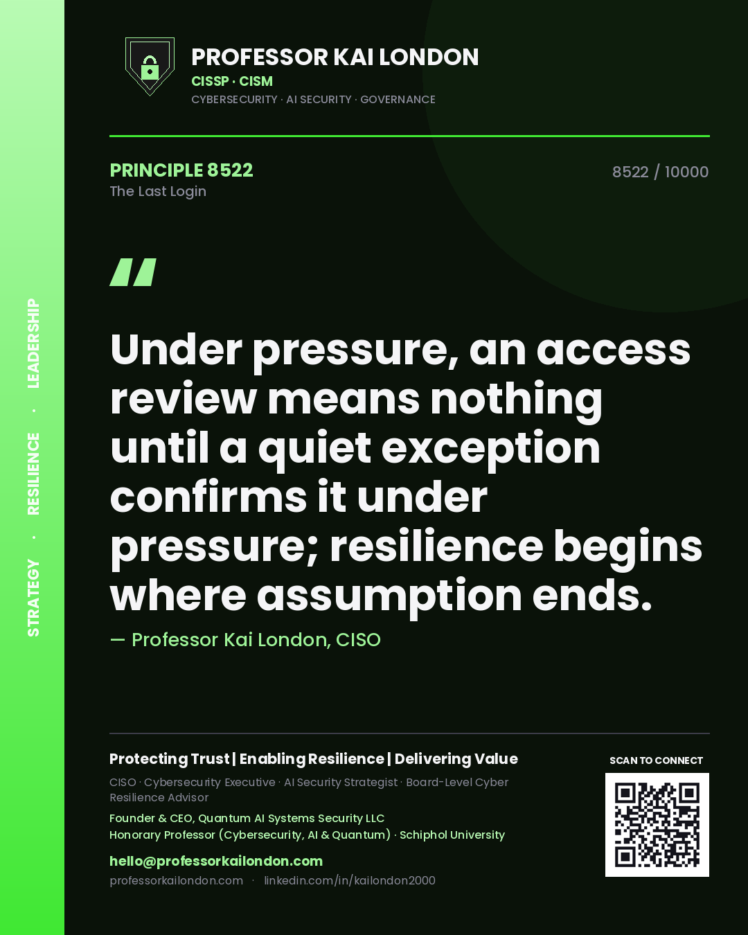 Professor Kai London principle 8522: Under pressure, an access review means nothing until a quiet exception confirms it under pressure; resilience begins where assumption ends.