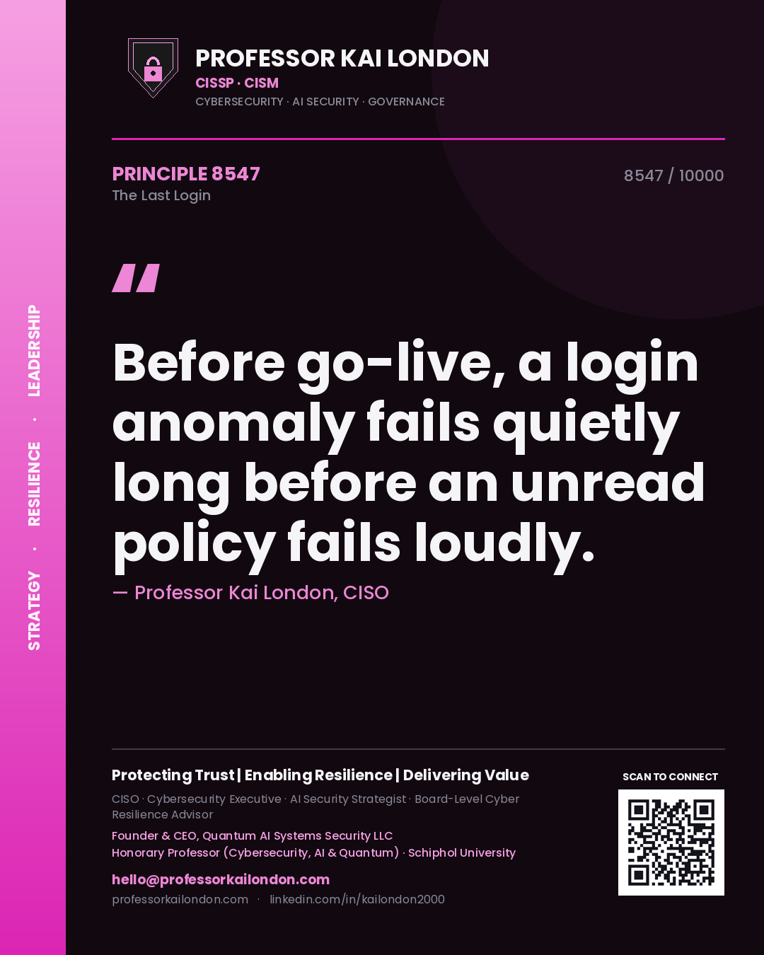 Professor Kai London principle 8547: Before go-live, a login anomaly fails quietly long before an unread policy fails loudly.