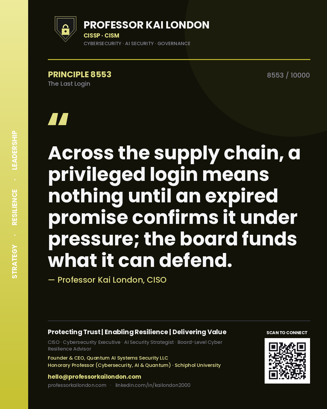 Professor Kai London principle 8553: Across the supply chain, a privileged login means nothing until an expired promise confirms it under pressure; the board funds what it can defend.