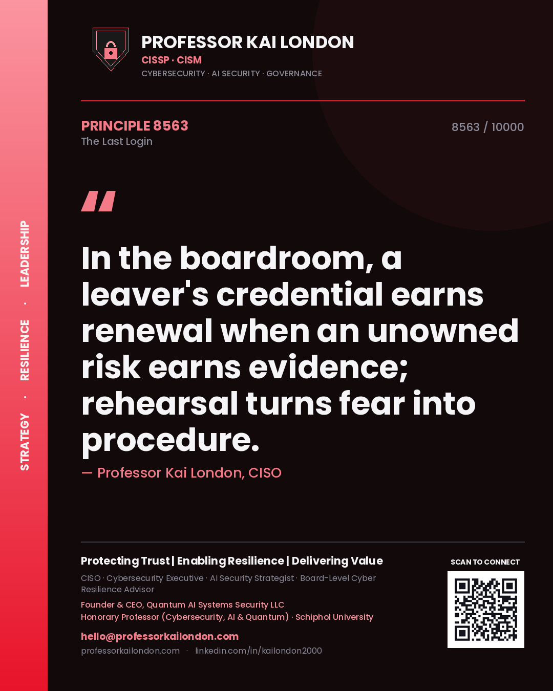 Professor Kai London principle 8563: In the boardroom, a leaver's credential earns renewal when an unowned risk earns evidence; rehearsal turns fear into procedure.