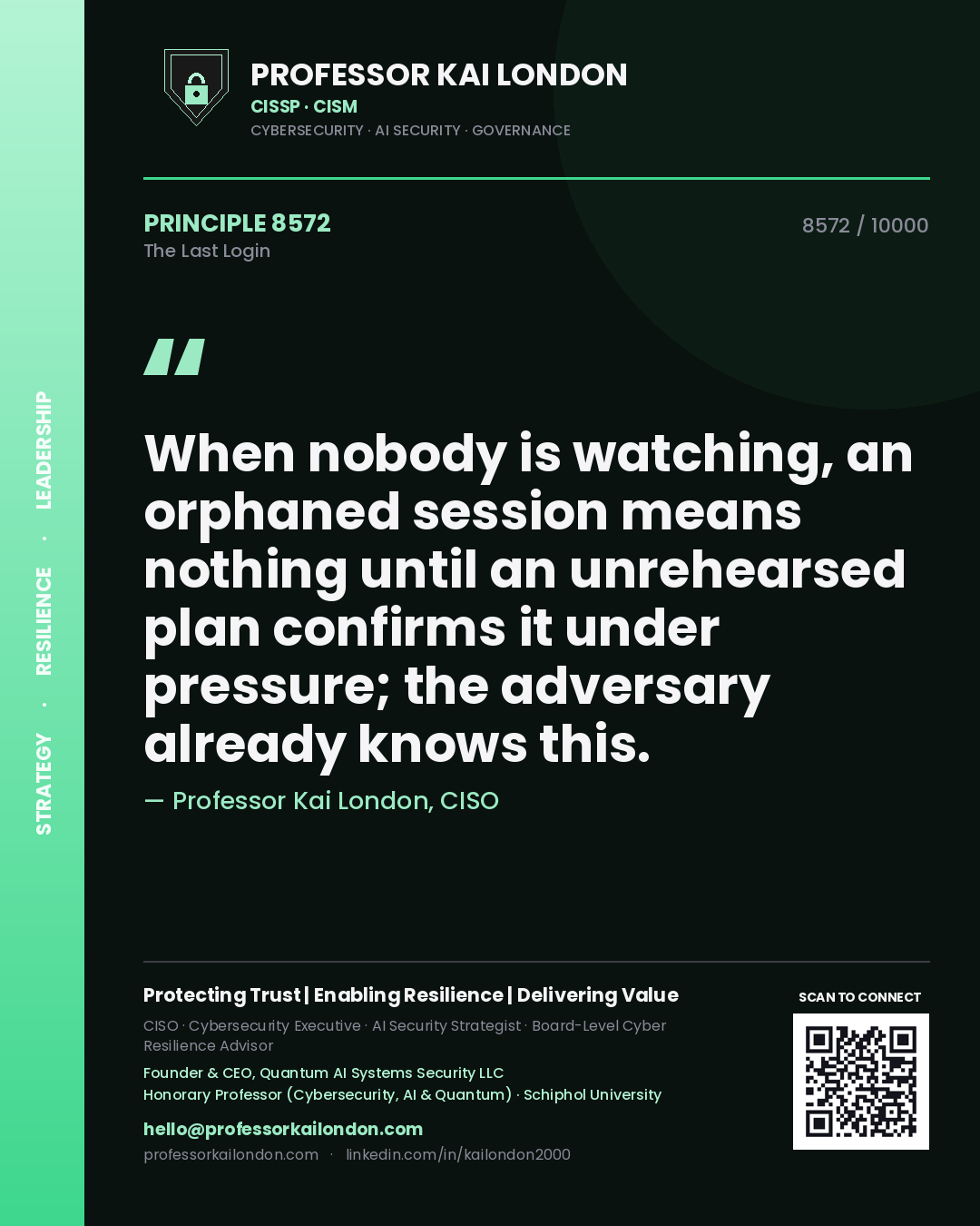 Professor Kai London principle 8572: When nobody is watching, an orphaned session means nothing until an unrehearsed plan confirms it under pressure; the adversary already knows this.
