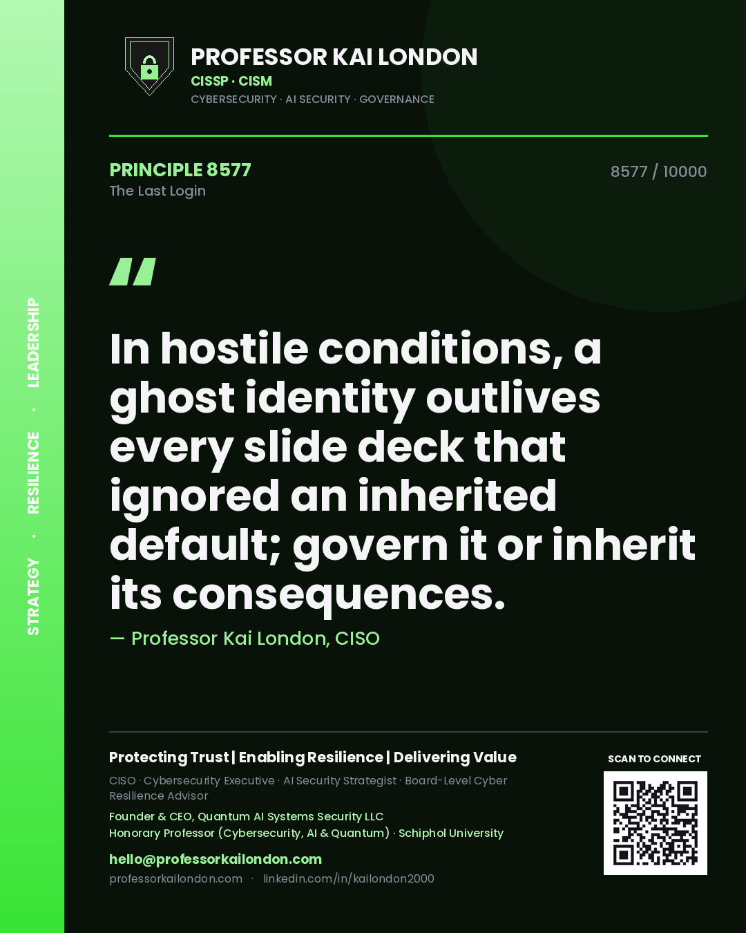 Professor Kai London principle 8577: In hostile conditions, a ghost identity outlives every slide deck that ignored an inherited default; govern it or inherit its consequences.