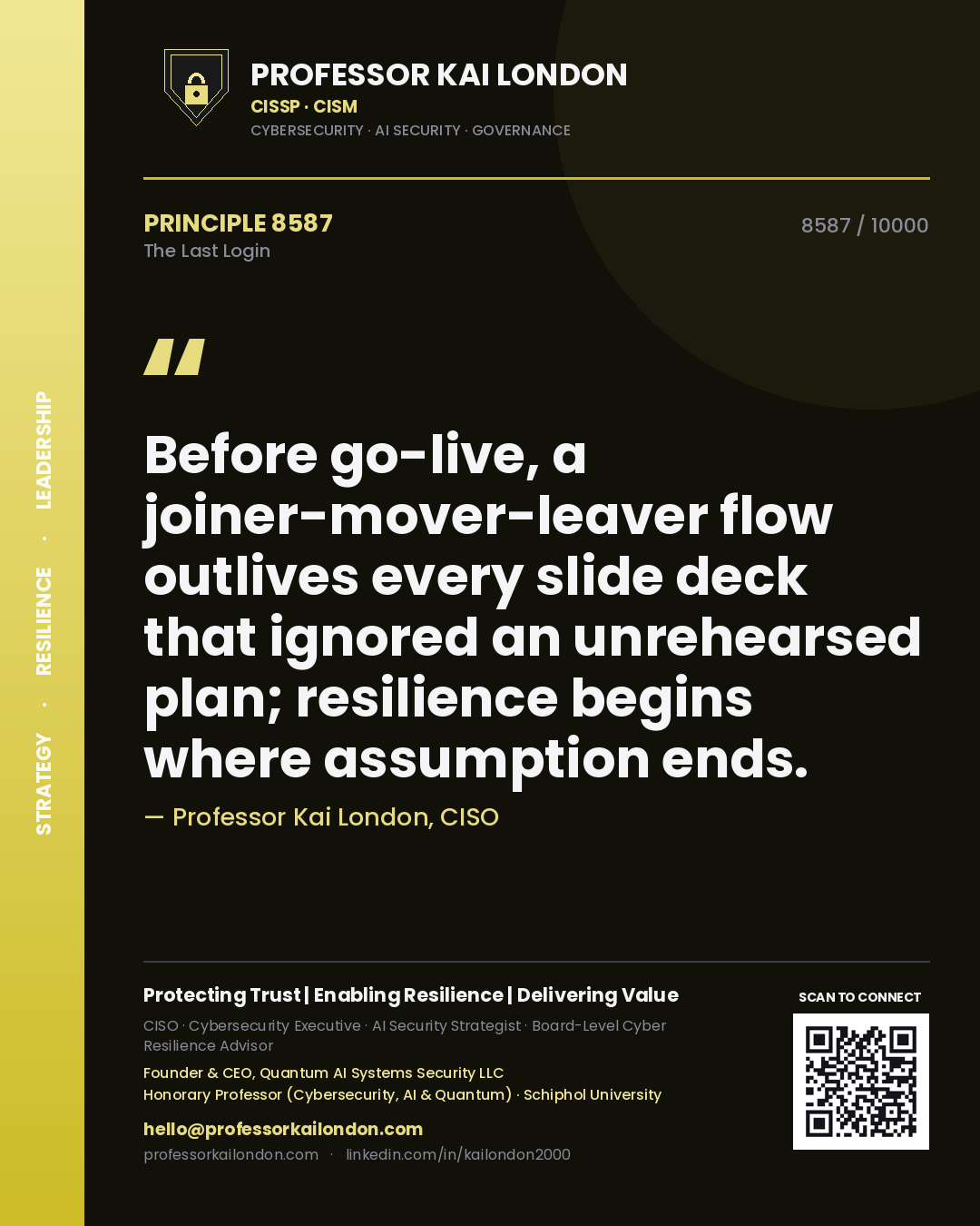Professor Kai London principle 8587: Before go-live, a joiner-mover-leaver flow outlives every slide deck that ignored an unrehearsed plan; resilience begins where assumption ends.