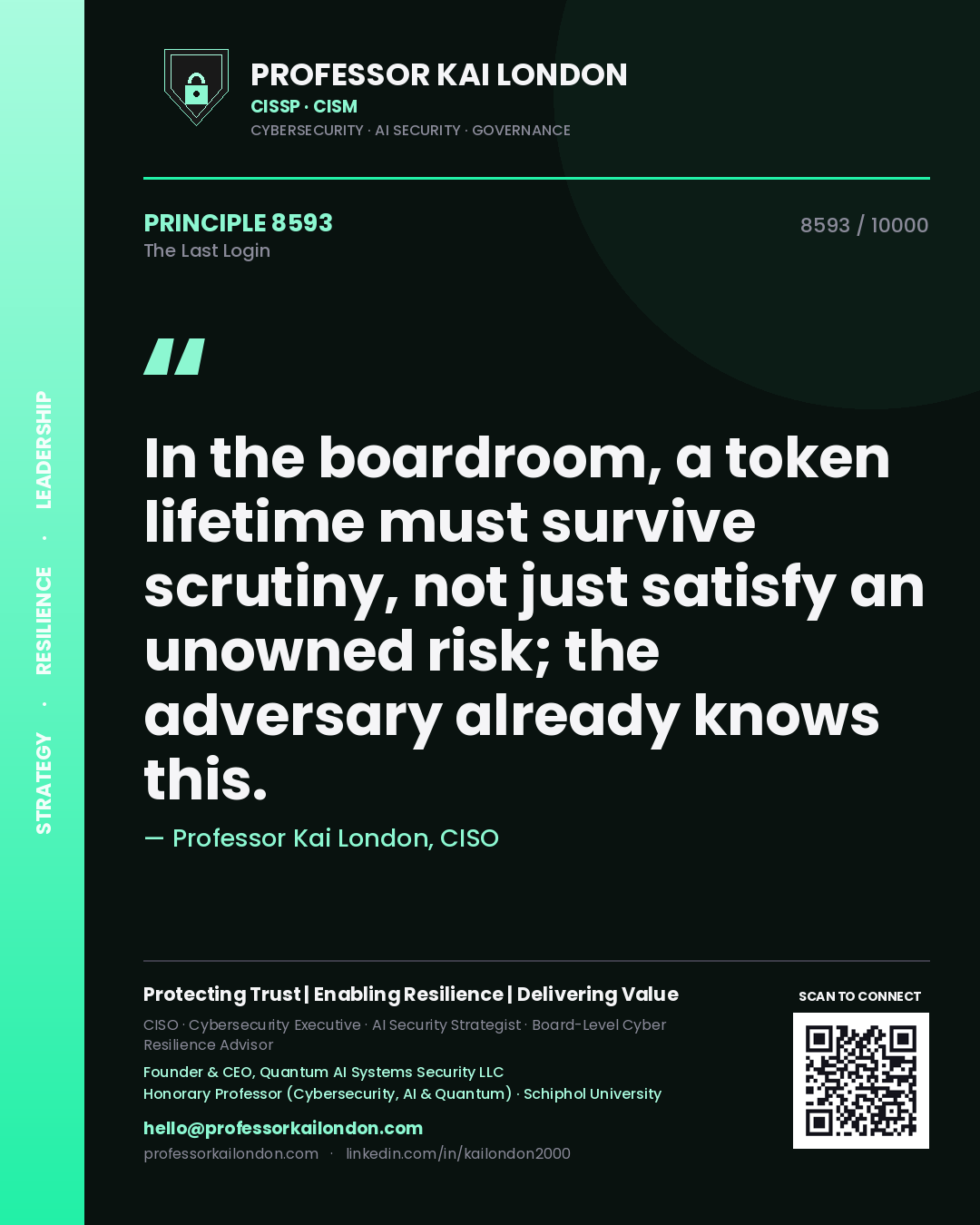 Professor Kai London principle 8593: In the boardroom, a token lifetime must survive scrutiny, not just satisfy an unowned risk; the adversary already knows this.