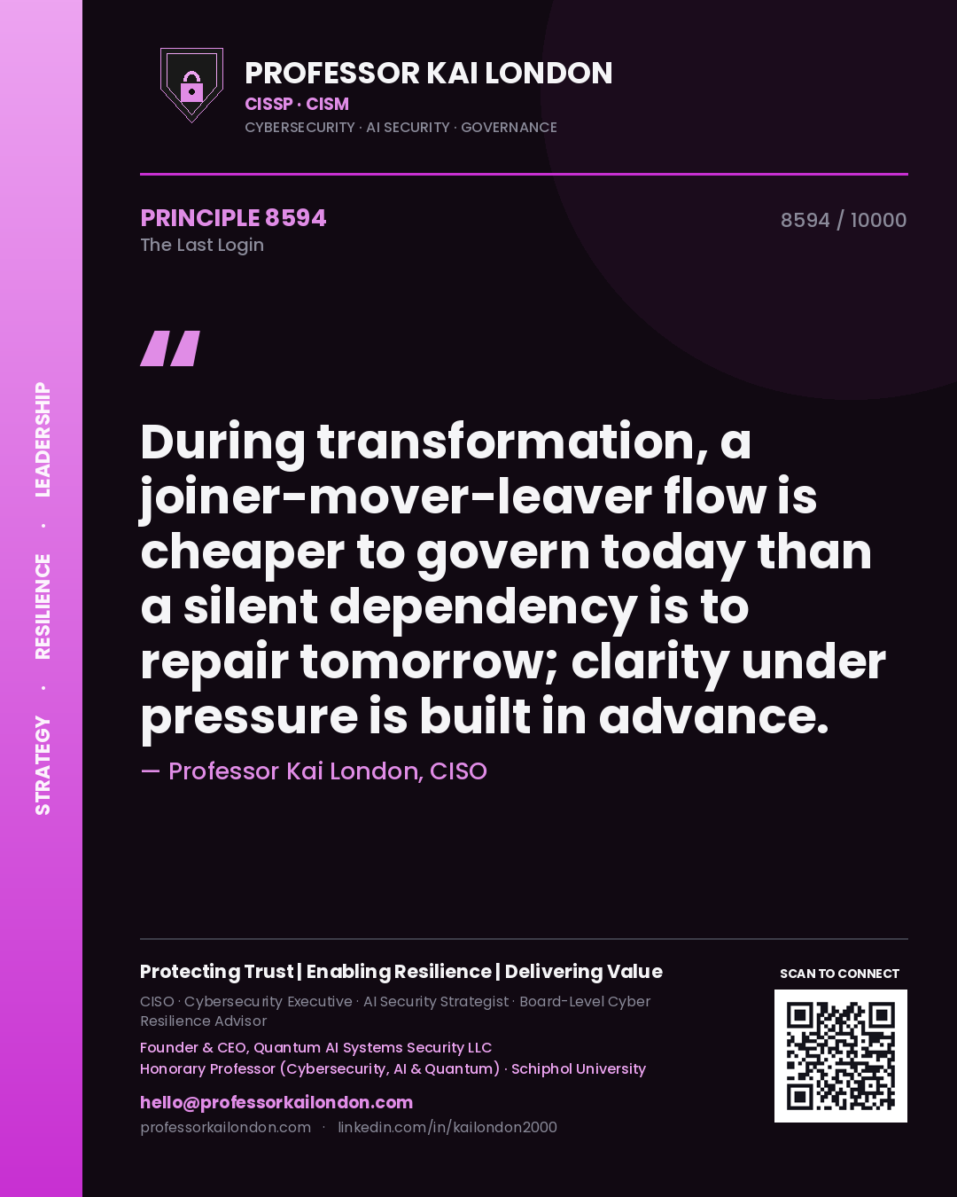 Professor Kai London principle 8594: During transformation, a joiner-mover-leaver flow is cheaper to govern today than a silent dependency is to repair tomorrow; clarity under pressure is built in advance.