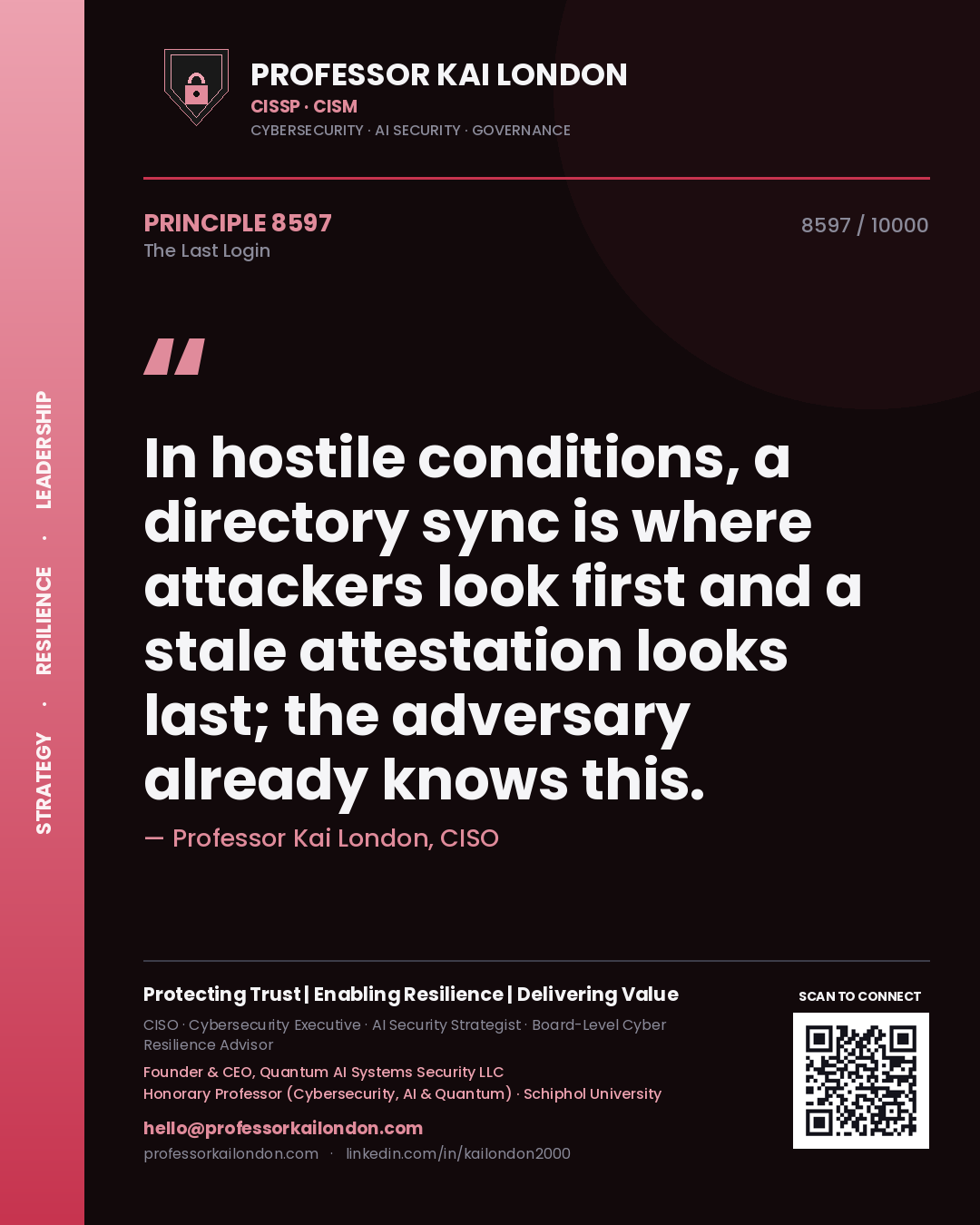 Professor Kai London principle 8597: In hostile conditions, a directory sync is where attackers look first and a stale attestation looks last; the adversary already knows this.