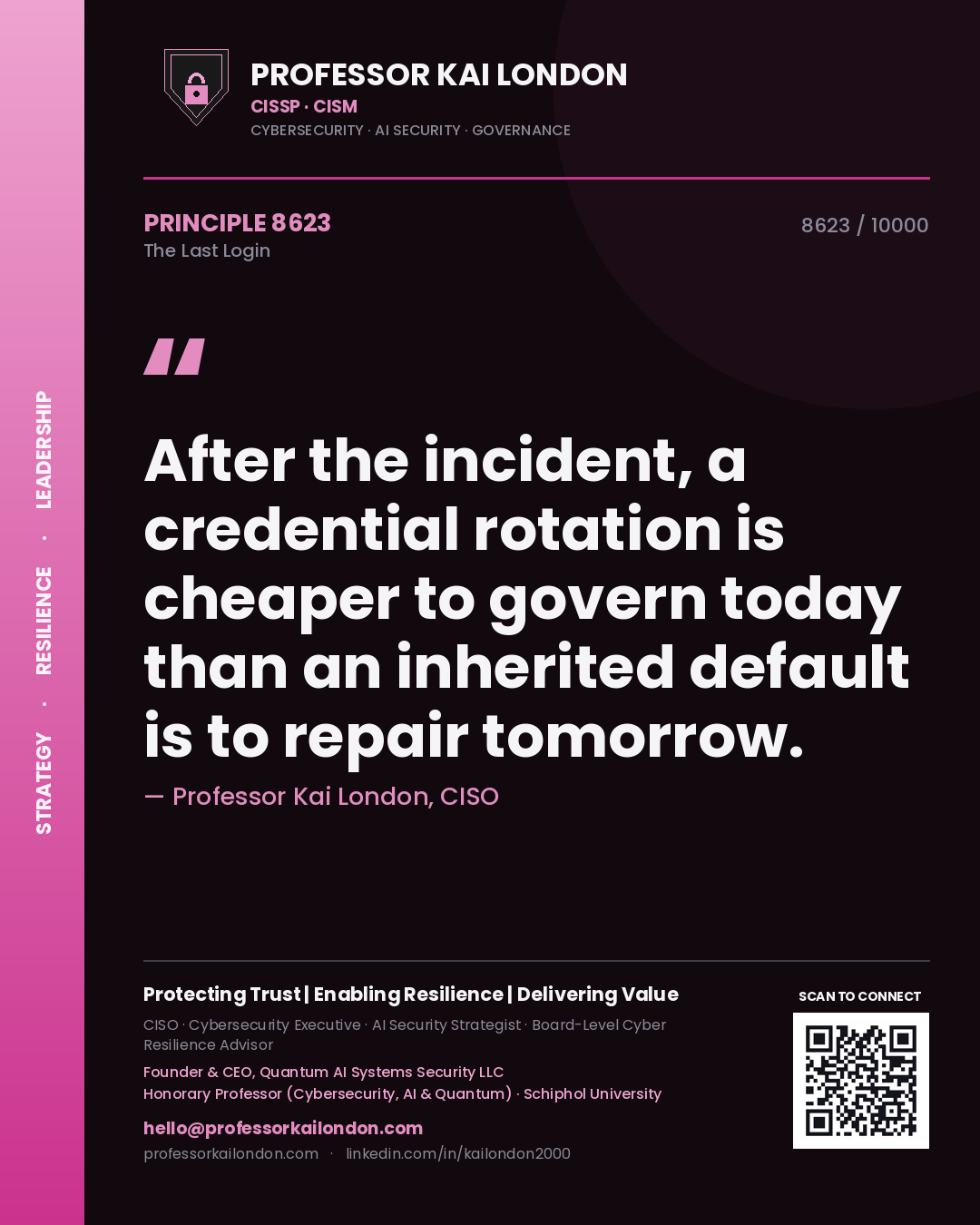 Professor Kai London principle 8623: After the incident, a credential rotation is cheaper to govern today than an inherited default is to repair tomorrow.