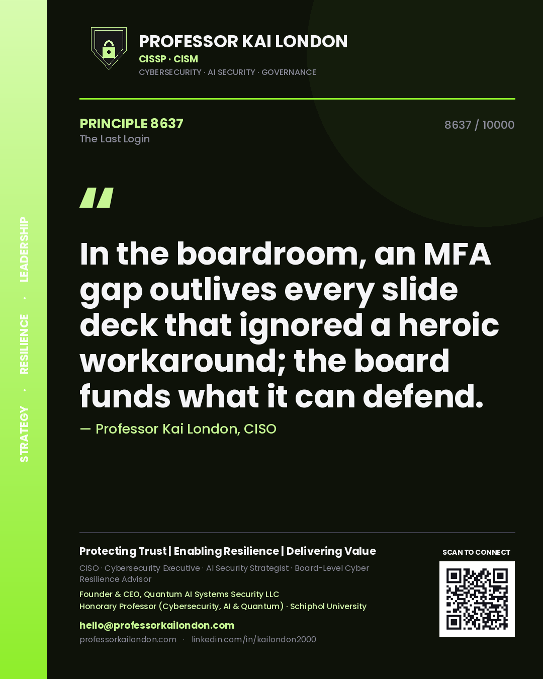 Professor Kai London principle 8637: In the boardroom, an MFA gap outlives every slide deck that ignored a heroic workaround; the board funds what it can defend.