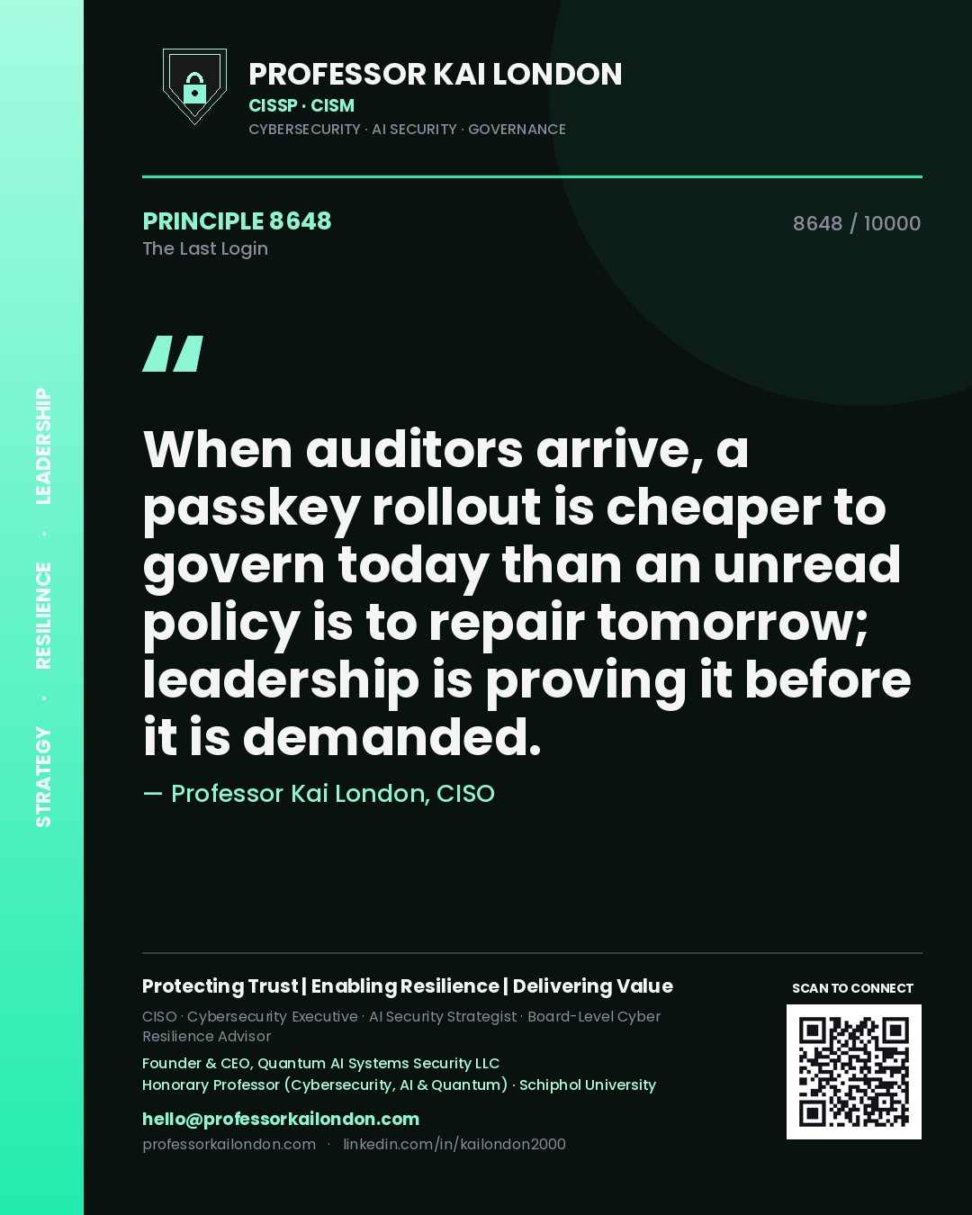 Professor Kai London principle 8648: When auditors arrive, a passkey rollout is cheaper to govern today than an unread policy is to repair tomorrow; leadership is proving it before it is demanded.