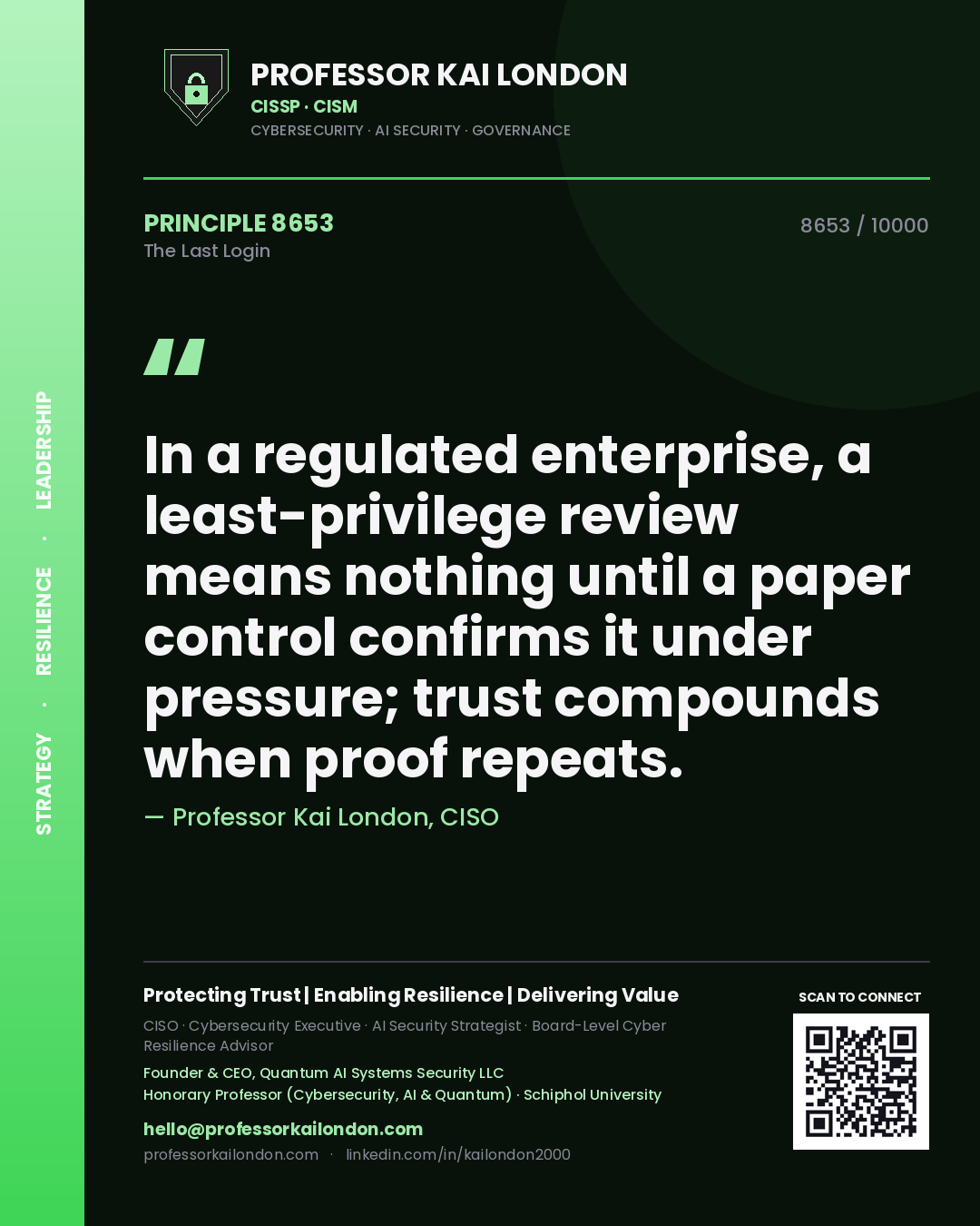 Professor Kai London principle 8653: In a regulated enterprise, a least-privilege review means nothing until a paper control confirms it under pressure; trust compounds when proof repeats.