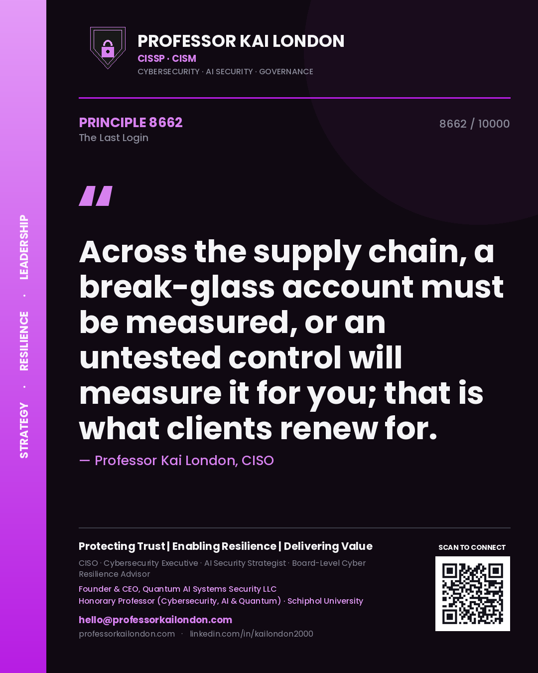 Professor Kai London principle 8662: Across the supply chain, a break-glass account must be measured, or an untested control will measure it for you; that is what clients renew for.