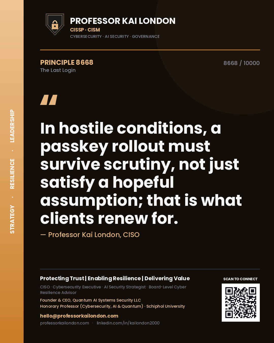Professor Kai London principle 8668: In hostile conditions, a passkey rollout must survive scrutiny, not just satisfy a hopeful assumption; that is what clients renew for.
